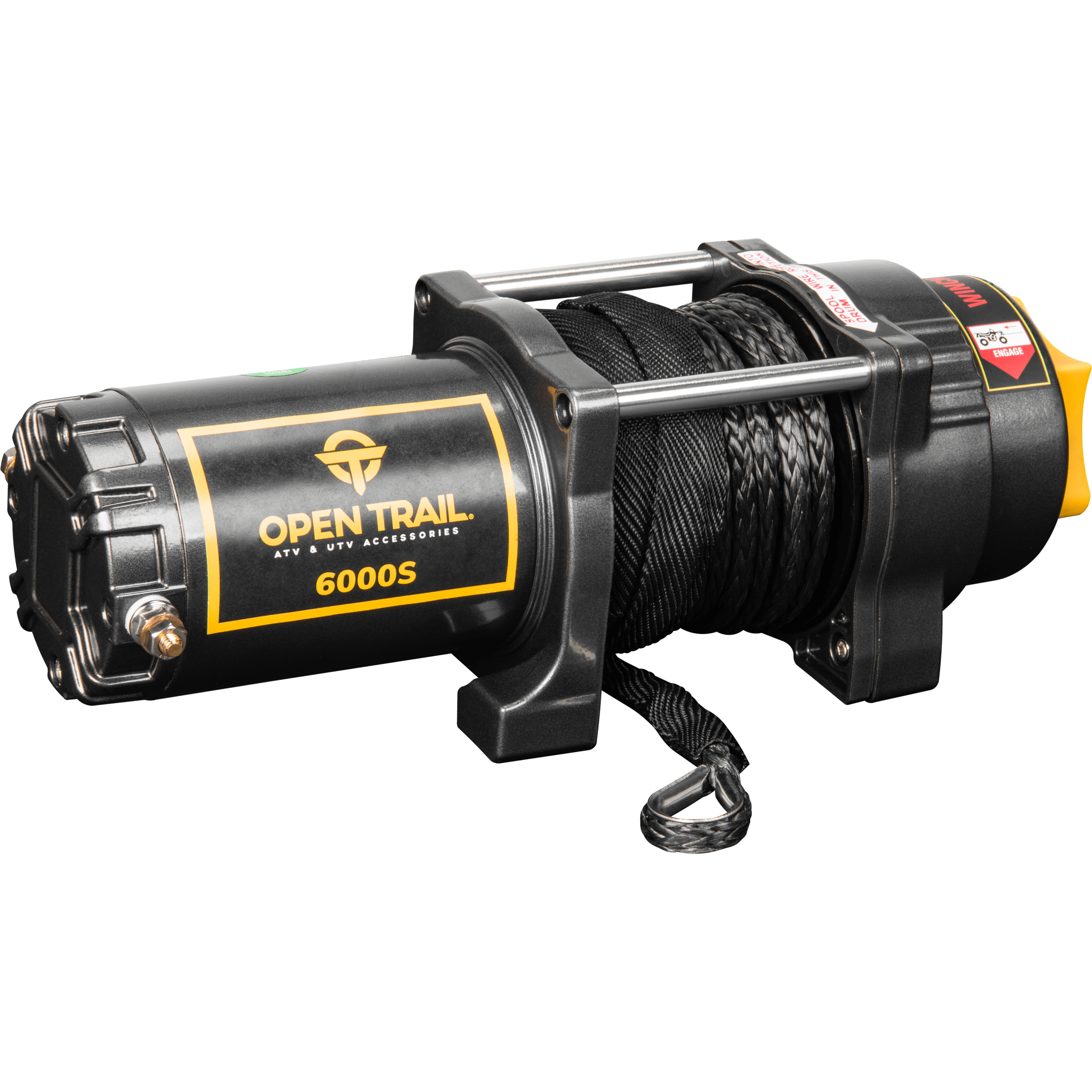 The 6000Lb Winch Synthetic Rope by Open Trail features a black, waterproof winch housing, steel mounting frame, and yellow looped synthetic rope extending from the spool.