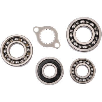 Four ball bearings in assorted sizes and a small, irregular metal part with a gear-like hole from the Transmission Bearing Kit by Hot Rods are arranged on a white background, ideal for engine case repair or transmission maintenance.