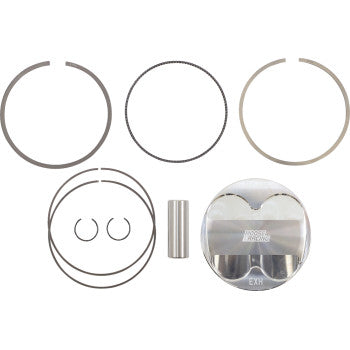 The Honda Piston Kit 96.00 mm by Moose Offroad displays its components—piston, piston rings, circlips, and wrist pin—expertly arranged on a white background to highlight their strength and reliability.