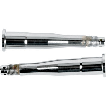 A pair of Yamaha Shafts Front Spindle by Lone Star Racing, featuring shiny chromed cylindrical bodies with threaded ends and flanged bases, are placed parallel to each other on a white background.