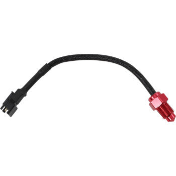 The Koso North America Oil Temperature Sensor M10 x P1.0 features a black braided cable with a black connector and a red metal hex fitting, designed to measure temperatures from 0-150°C, shown against a white background.