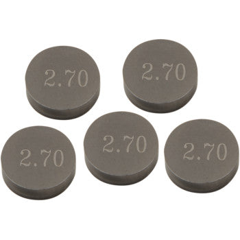 Five Prox 9.48 mm x 2.70 mm valve shims are arranged on a white background. Each precision-machined shim is engraved with "2.70" in the center, indicating its measurement. Set includes 5 shims per pack.