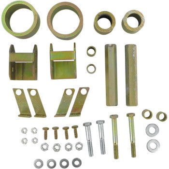 The Lift Kit Front Back 2.00 by High Lifter includes assorted metal hardware—bushings, brackets, spacers, bolts, nuts, and washers—ideal for ATV or UTV lift kit installations and neatly displayed on a white background.