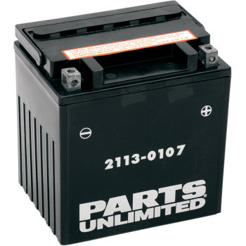 The X3 AGM Battery YI0L BS by Parts Unlimited is a high-performance, maintenance-free black battery labeled 2113-0107, with clear positive and negative terminal markings on top.