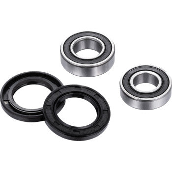 The Wheel Bearing Kit Front Left & Right by Factory Links includes two off-road ball bearings and two black rubber seals, displayed on a white background. These components provide rust and corrosion protection for tough environments.