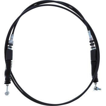 The Polaris Ranger Shift Cable by All Balls features a black PVC outer jacket, metal fittings with protective rubber boots, and a pre-lubricated nylon inner sleeve for smooth operation, shown coiled in a loose circle on a white background.