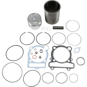 The Yamaha Sleeve and Piston Kit by La Sleeve includes a cast cylinder sleeve, gaskets, piston rings, O-rings, and small metal parts arranged neatly on a white background.