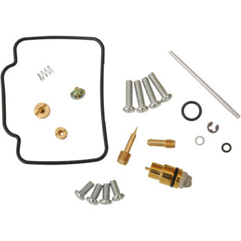The Suzuki Carburetor Repair Kit by Moose Offroad includes screws, jets, a spring, needle, gasket, and NBR rubber O-rings for fuel resistance—all components are shown neatly arranged on a white background.