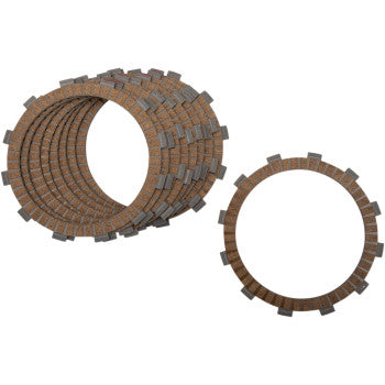 The Clutch Plate Kit Fiber by Hinson Racing features brown notched friction plates in a fanned stack beside a single plate, made to fit Hinson components and OEM baskets, all shown on a white background.
