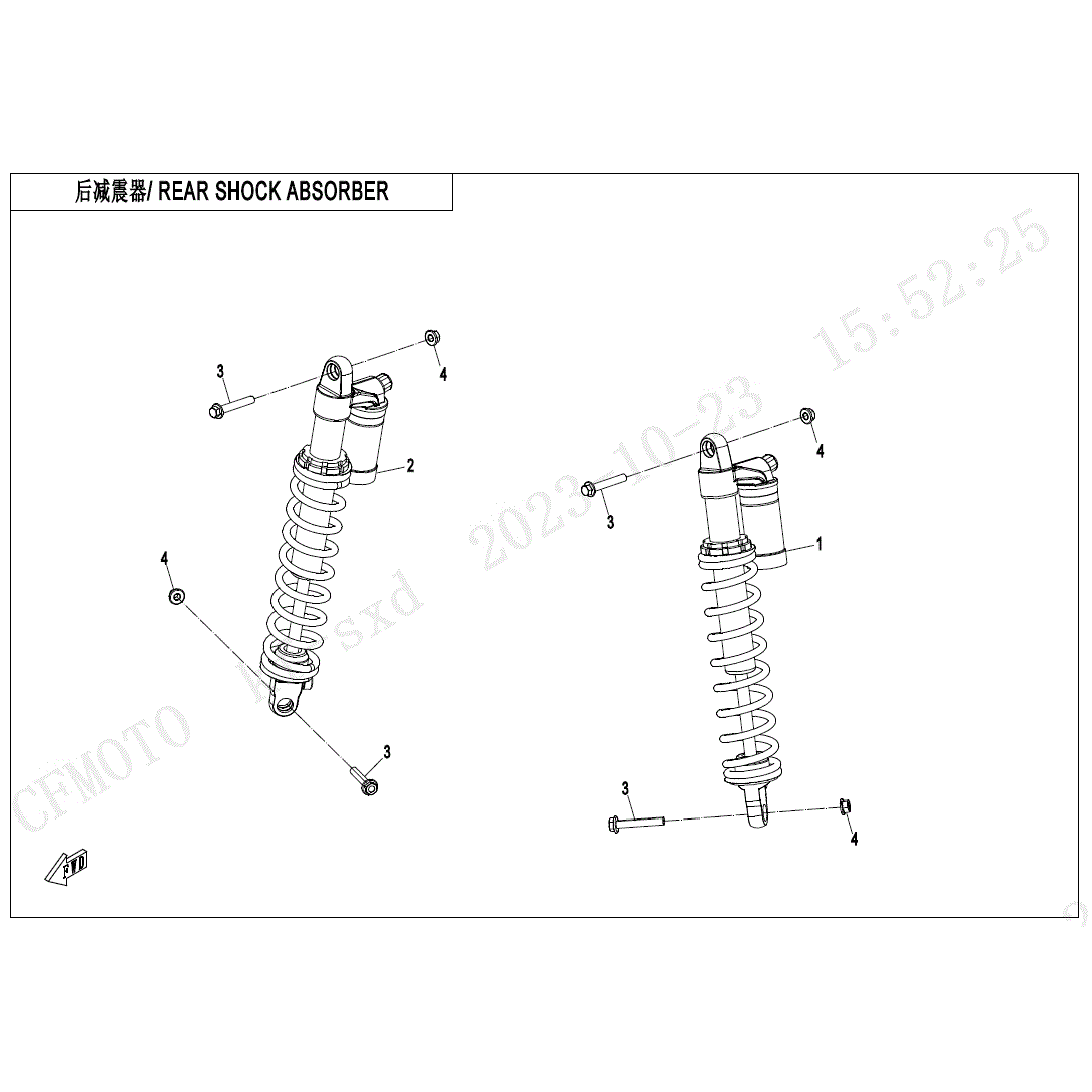 An Image of a genuine CFMOTO Parts Schematic Diagram showing the group - REAR SHOCK ABSORBER (GAS) - 2025 CFMOTO CFORCE 1000 OVERLAND