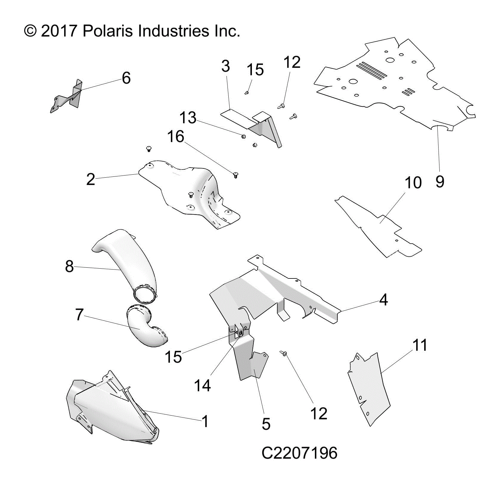 An Image of a Genuine Polaris Parts Schematic Diagram showing the schematic - BODY: PANELS THERMAL SHIELDS - 2015 POLARIS SPORTSMAN 850 SP