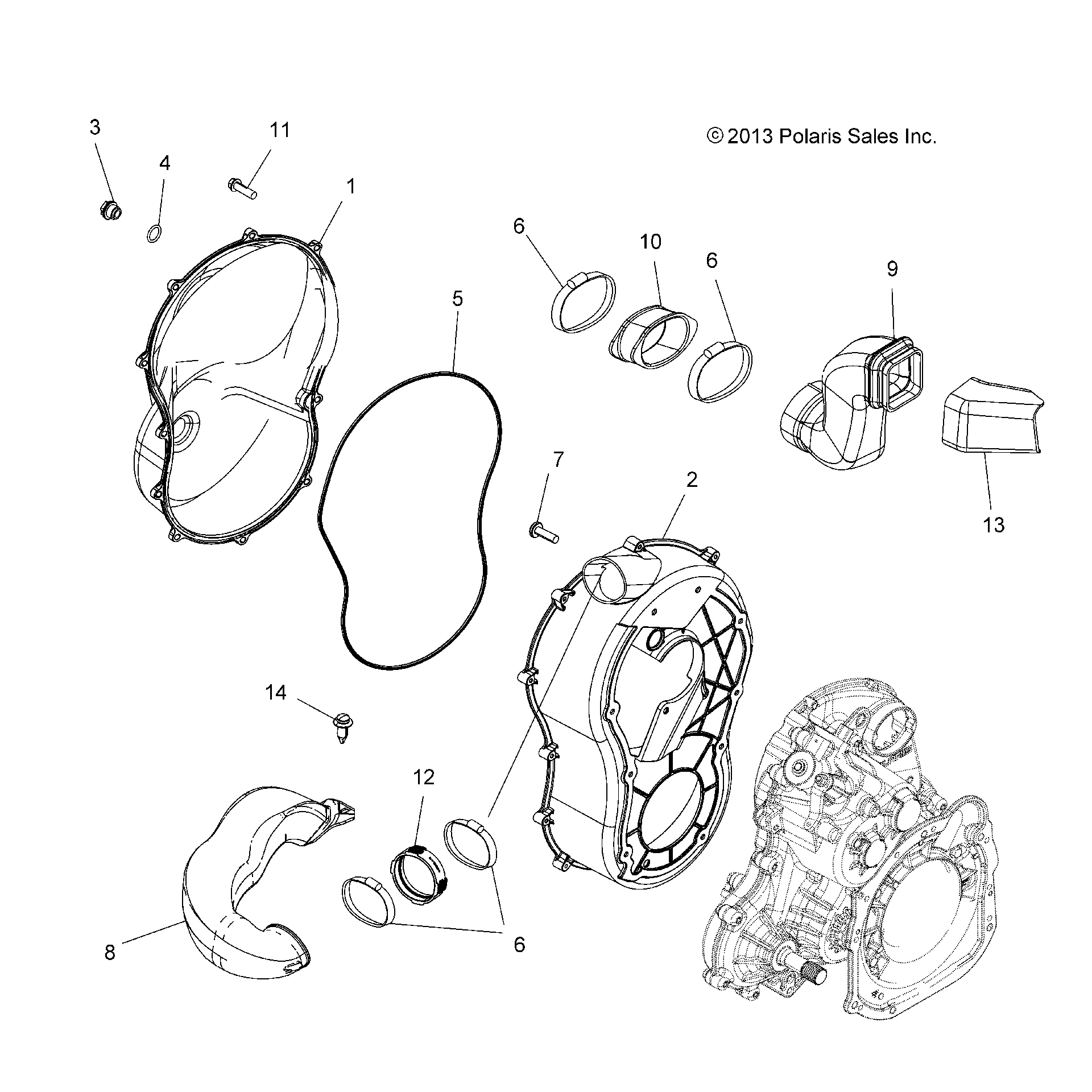 An Image of a Genuine Polaris Parts Schematic Diagram showing the schematic - BODY: CLUTCH COVER - 2016 POLARIS SCRAMBLER XP 1000