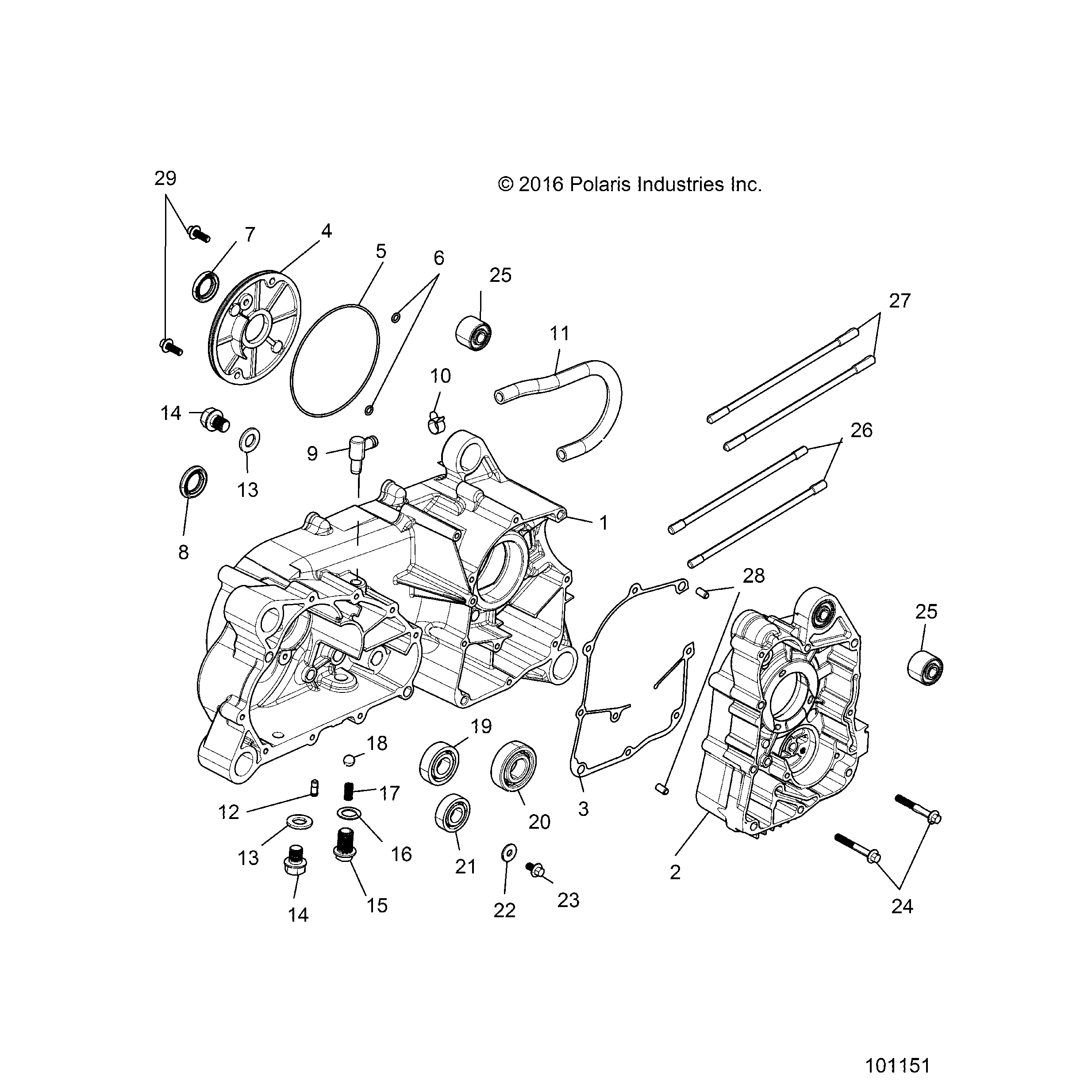 An Image of a Genuine Polaris Parts Schematic Diagram showing the schematic - ENGINE: CRANKCASE COMP LEFT/RIGHT - 2020 POLARIS ACE 150 EFI