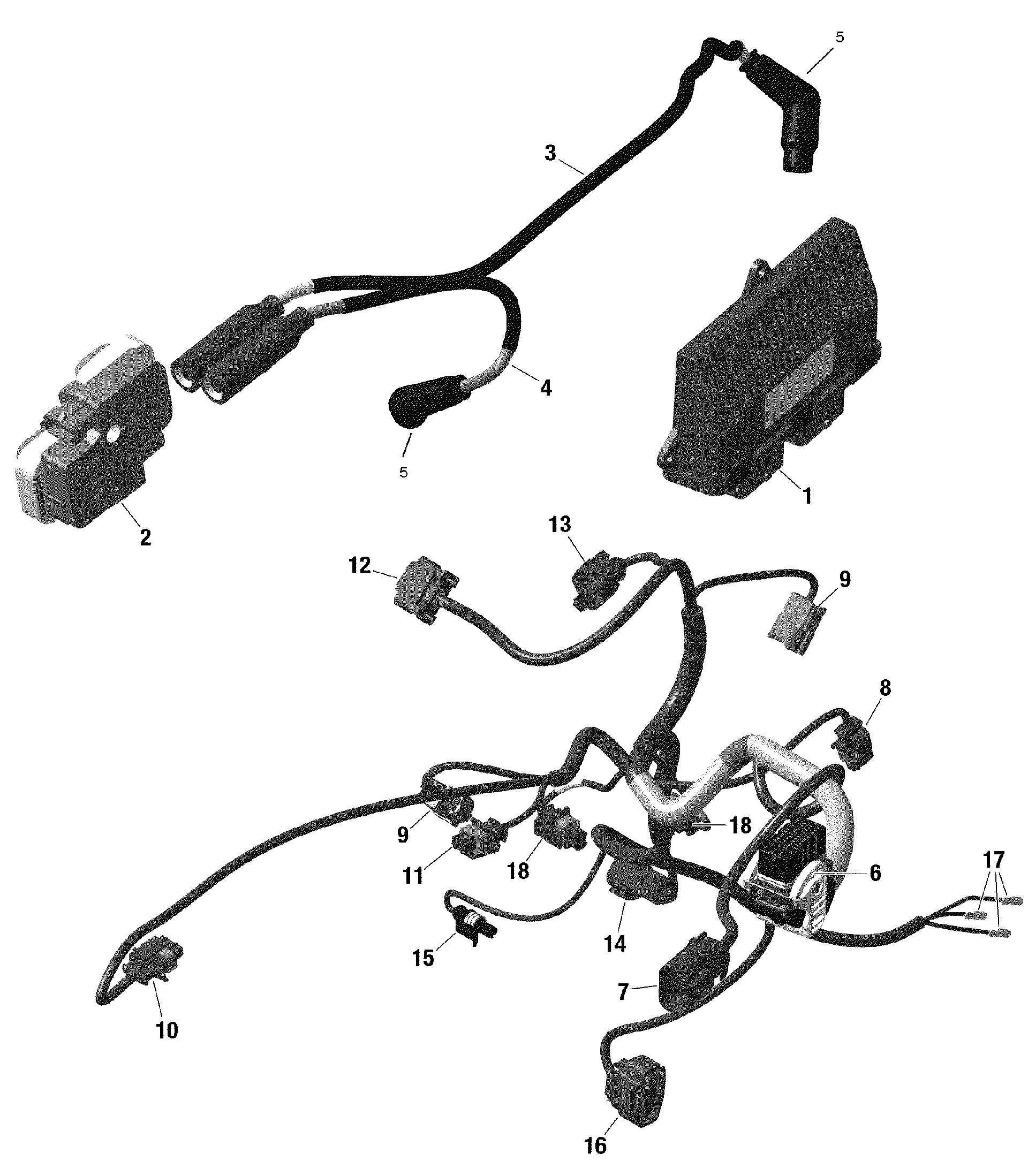 An Image of a Genuine Can-Am Parts Schematic Diagram showing the schematic - ENGINE HARNESS AND ELECTRONIC MODULE - 322