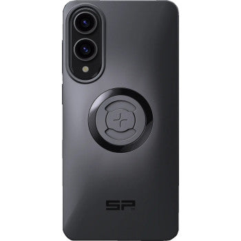 A sleek black SPC+ Phone Case for Samsung Galaxy S25 Edge by Sp Connect, shown from the back with dual rear cameras, a circular magnetic ring mount for MagSafe wireless charging, and SP near the bottom.