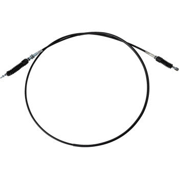 Black flexible UTV shifter cable with metal connectors and protective rubber boots on both ends.