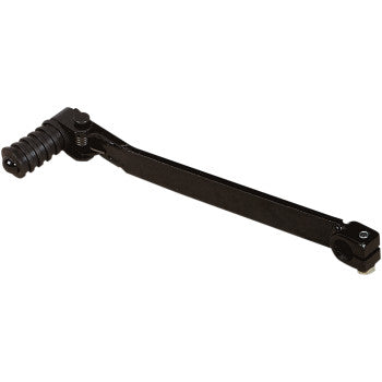 The Honda Folding Shift Lever by Emgo features a black metal construction, textured rubber foot peg, hardened splines, and a folding tip that is hinged at one end for easy attachment.