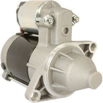 A close-up photo of the Starter Motor by Parts Unlimited highlights its silver and black cylindrical design, mounting bracket, gear housing, and insulated armature for enhanced durability.
