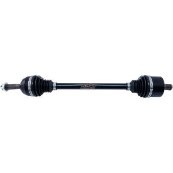 Black heavy-duty Polaris RZR rear axle shaft with protective rubber boots on both ends and metal connectors.