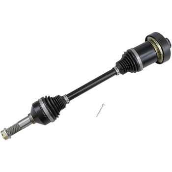 Heavy-duty black metal rear right axle with protective rubber boots and metal fittings.