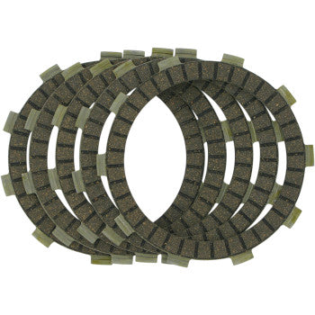 The Clutch Kit by Ebc features four circular friction plates with rectangular outer notches and a dark, gritty heat-resistant surface, stacked in a slightly overlapping pattern.