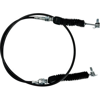 Black flexible shifter cable with metal connectors and protective rubber bellows at each end.