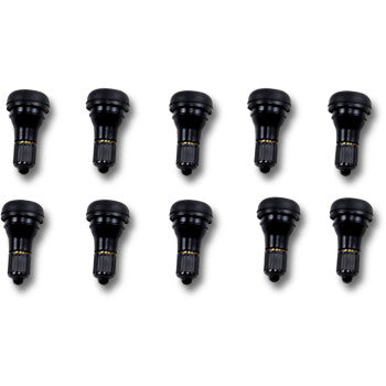 Ten Valve Stem Pull In Black by Dill Air Controls are arranged in two rows of five on a white background, highlighting these essential assemblies.
