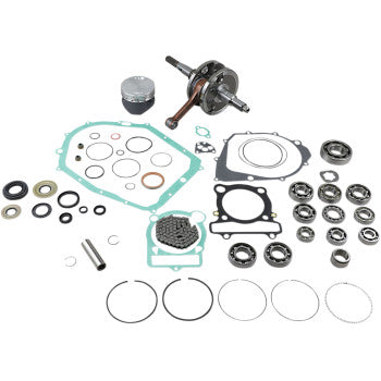 Complete engine rebuild kit with piston, crankshaft, gaskets, seals, bearings, and piston rings for Yamaha Warrior X 350.