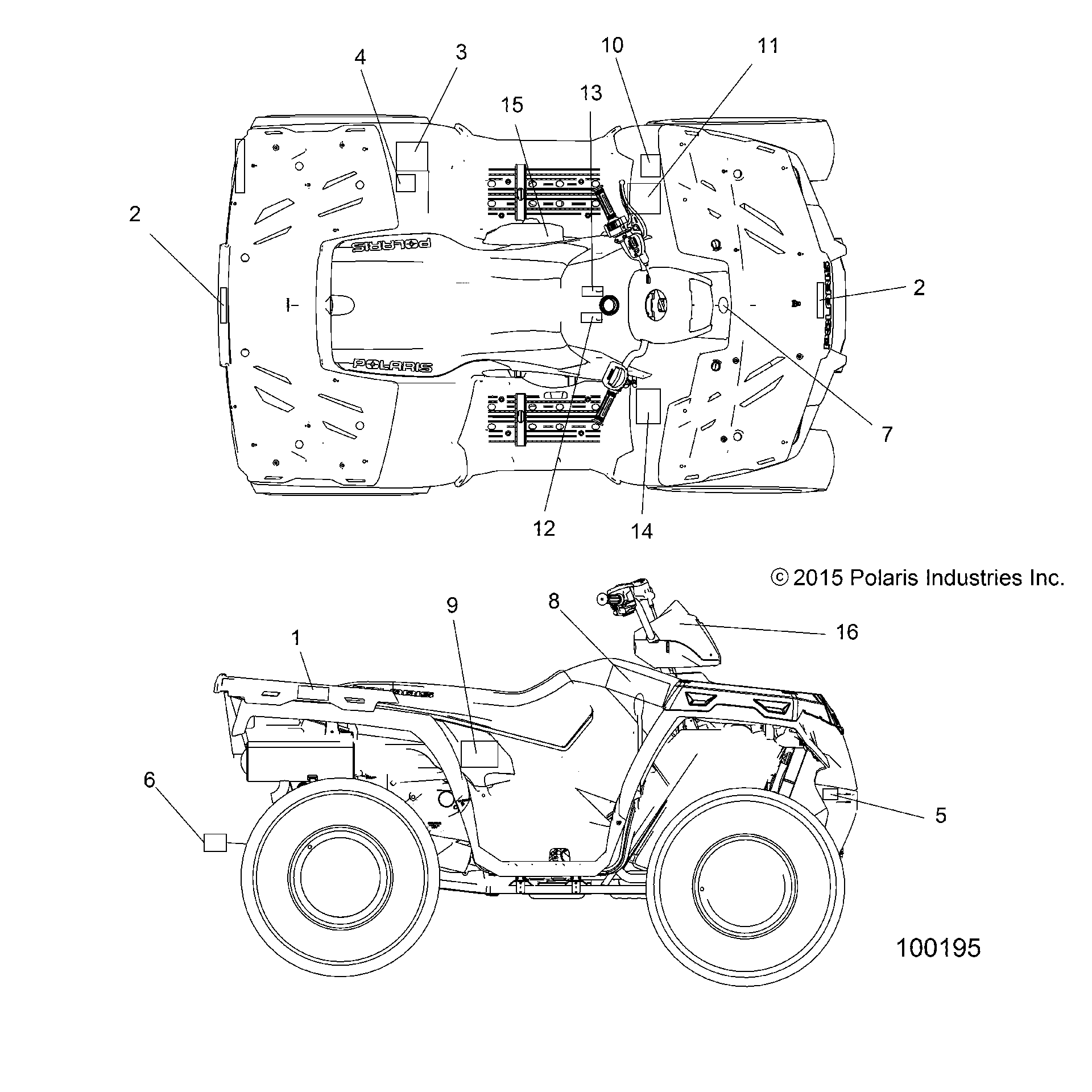 An Image of a Genuine Polaris Parts Schematic Diagram showing the schematic - BODY: DECALS - 2016 POLARIS SPORTSMAN 570 EFI HD