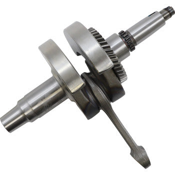 The Polaris Crankshaft Assembly OEM Stroke by Hot Rods features polished metal surfaces, machined detail, and includes Hot Rods connecting rods and gear—ideal for use in internal combustion engines.