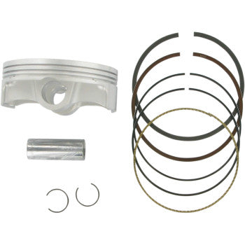 The Honda Piston Kit 95.96 mm for Honda TRX ER/TRX R by Prox includes a silver, low friction alloy piston, piston pin, two circlips, and several piston rings arranged neatly on a white background.