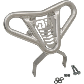 The Front Bumper LT80 KFX80 by DG Performance is a silver aluminum alloy bumper with a triangular design, mesh center, and mounting brackets. Includes bolts and washers for installation. Fits both ATV and UTV vehicles. Shown on a white background.