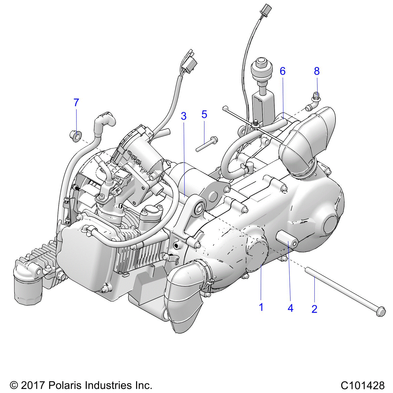 An Image of a Genuine Polaris Parts Schematic Diagram showing the schematic - ENGINE: ENGINE and TRANSMISSION MOUNTING - 2021 POLARIS ACE 150 EFI
