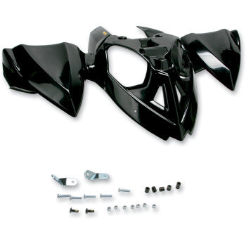 The Front Fender Black by Maier with an angular, glossy finish is displayed on a white background, along with OEM color-matched mounting brackets, screws, and hardware arranged below it.