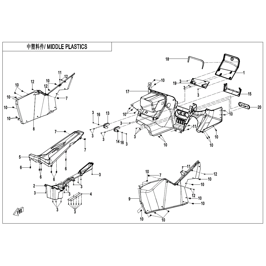 An Image of a Genuine CFMOTO Parts Schematic Diagram showing the schematic - MIDDLE PLASTIC(2) - 2020 CFMOTO ZFORCE 950 Sport
