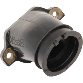 The Polaris Replacement Intake Boot by Quad Logic is a black plastic engine manifold with an integrated rubber seal, two mounting bolt holes, a cylindrical hose connection, and the Quad Logic logo.