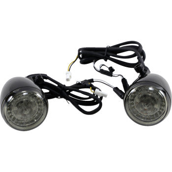 A pair of ProBEAM® Turn Signals - Gloss Black - ECE by Custom Dynamics, featuring attached wiring and connectors, are shown side by side on a white background—ideal as front turn signals for your motorcycle.