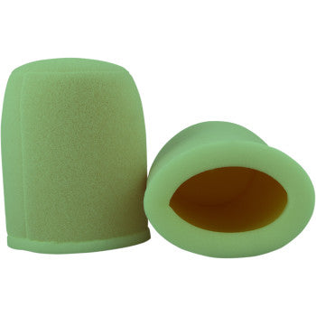 Two green Kawasaki Pre Oiled Air Filters by No Toil are shown: one upright, the other on its side to reveal a yellow interior. Pair with a biodegradable filter cleaner to help maximize engine horsepower.