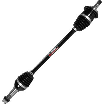 The Can Am Maverick Axle Lift Kit Heavy Duty Front Left by Demon is a black chromoly steel axle shaft with CV joints, rubber boots, and metal ends designed to transmit torque in vehicles.