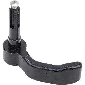 The Billet Throttle Lever by Quad Logic is a black metal replacement with a curved handle and silver top screw, designed for camera gear attachment and adjustment, inspired by billet aluminum throttle levers from Polaris ATVs.