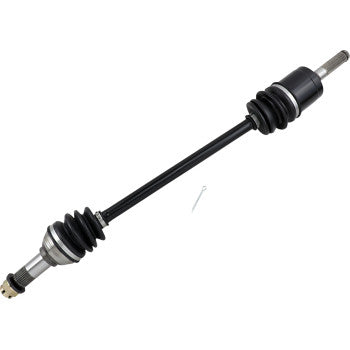 Black metal CV axle shaft with rubber boots on both ends and silver metal joint components.