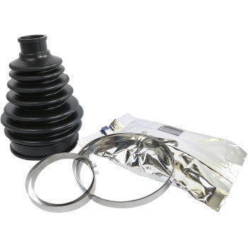 The Can Am CV Boot Kit Front & Rear Inboard by Epi includes a black rubber polychloroprene CV boot, two silver metal bands, and a silver foil packet of molybdenum disulfide grease on a white background.