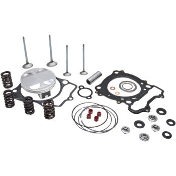 The Top End Service Kit by Kibblewhite includes pistons, gaskets, valves, a racing valve spring kit, seals, washers, and small hardware—all displayed on a white background.