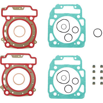 Two identical Can Am Top End Gasket Kits by Moose Offroad, perfect for engine rebuilds, each featuring a red head gasket, green multi-hole gasket, OEM replacement seals, O-rings, and small metal parts on a white background.