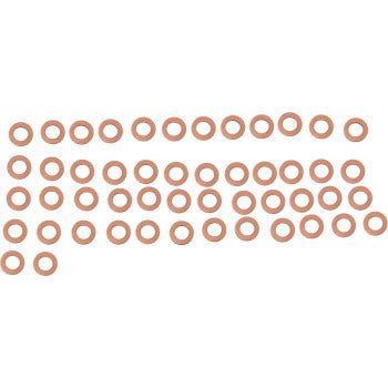 A set of 40 Bolt Drain Plug Washers M6, small, flat, and circular, are arranged in five horizontal rows on a white background.