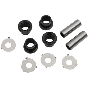 Set of black rubber bushings, two silver metal sleeves, and four silver metal washers with tabs for vehicle suspension.