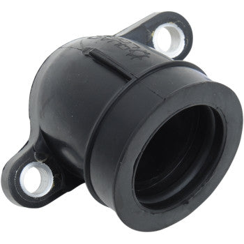 Close-up of the Polaris Replacement Intake Boot by Quad Logic—a black plastic manifold boot with integrated rubber seal, two mounting holes, a flared cylindrical opening, and flat tabs. Designed as a direct replacement for engines or machinery.