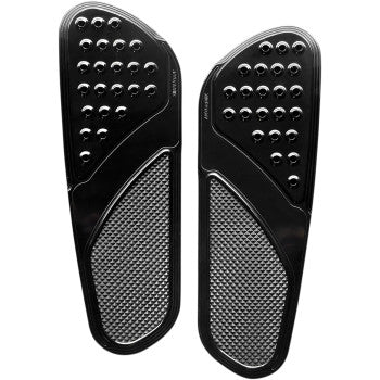 A pair of black, extended front floorboards by Accutronix, featuring a drilled design for enhanced grip and style, tailored to improve foot stability and comfort on your motorcycle.