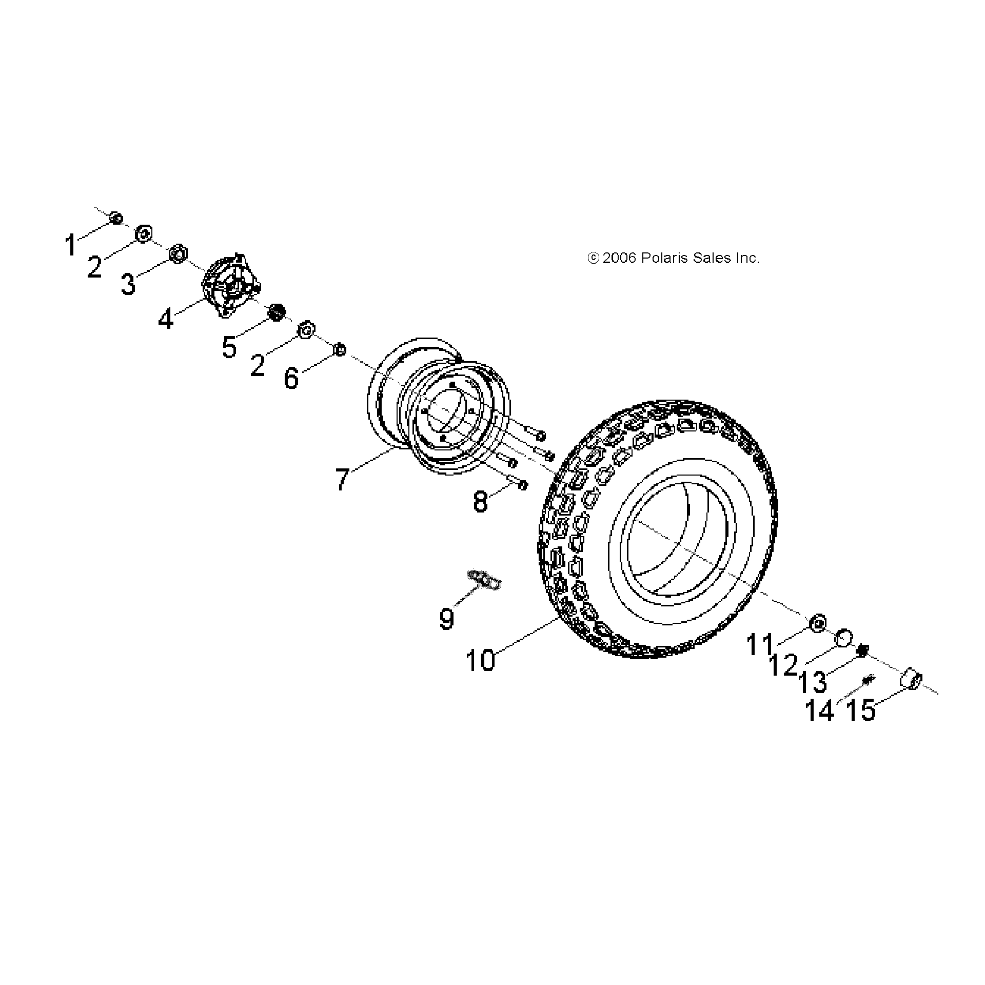 An Image of a Genuine Polaris Parts Schematic Diagram showing the schematic - WHEELS: FRONT - 2016 POLARIS OUTLAW 90