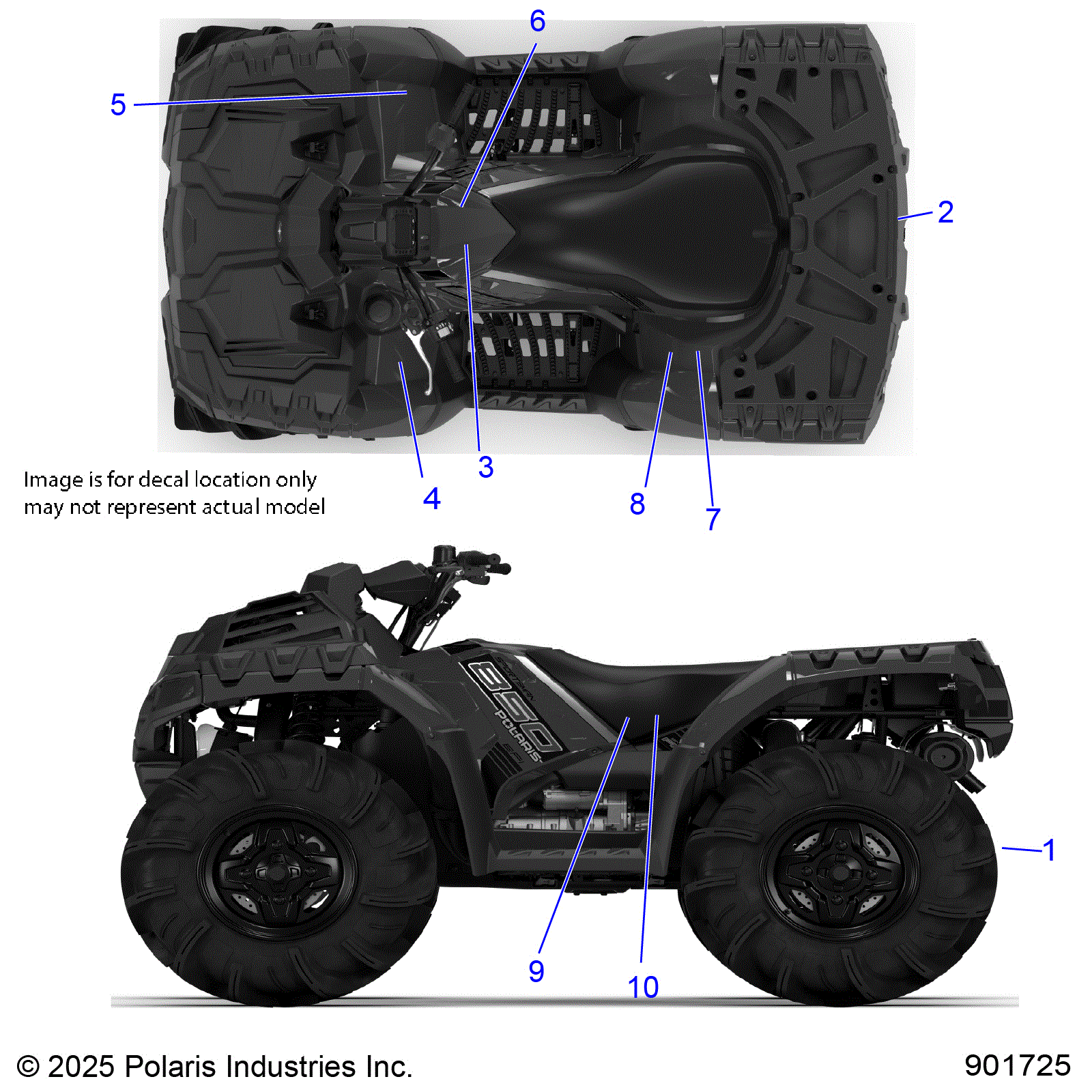 An Image of a Genuine Polaris Parts Schematic Diagram showing the schematic - BODY: DECALS STANDARD - 2026 POLARIS SPORTSMAN 850 MUD 49S
